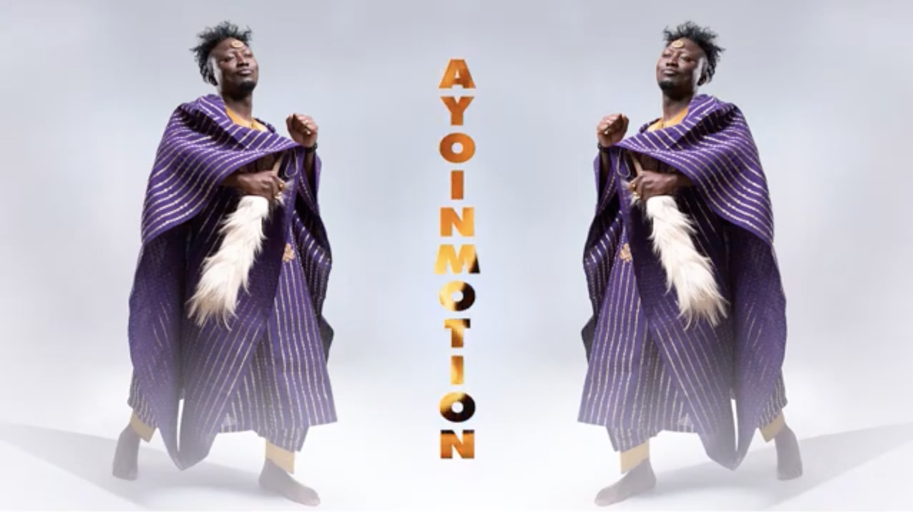 A Black man (the singer Ayoinmotion) is wearing a purple outfit. The image is mirrored on the other side.