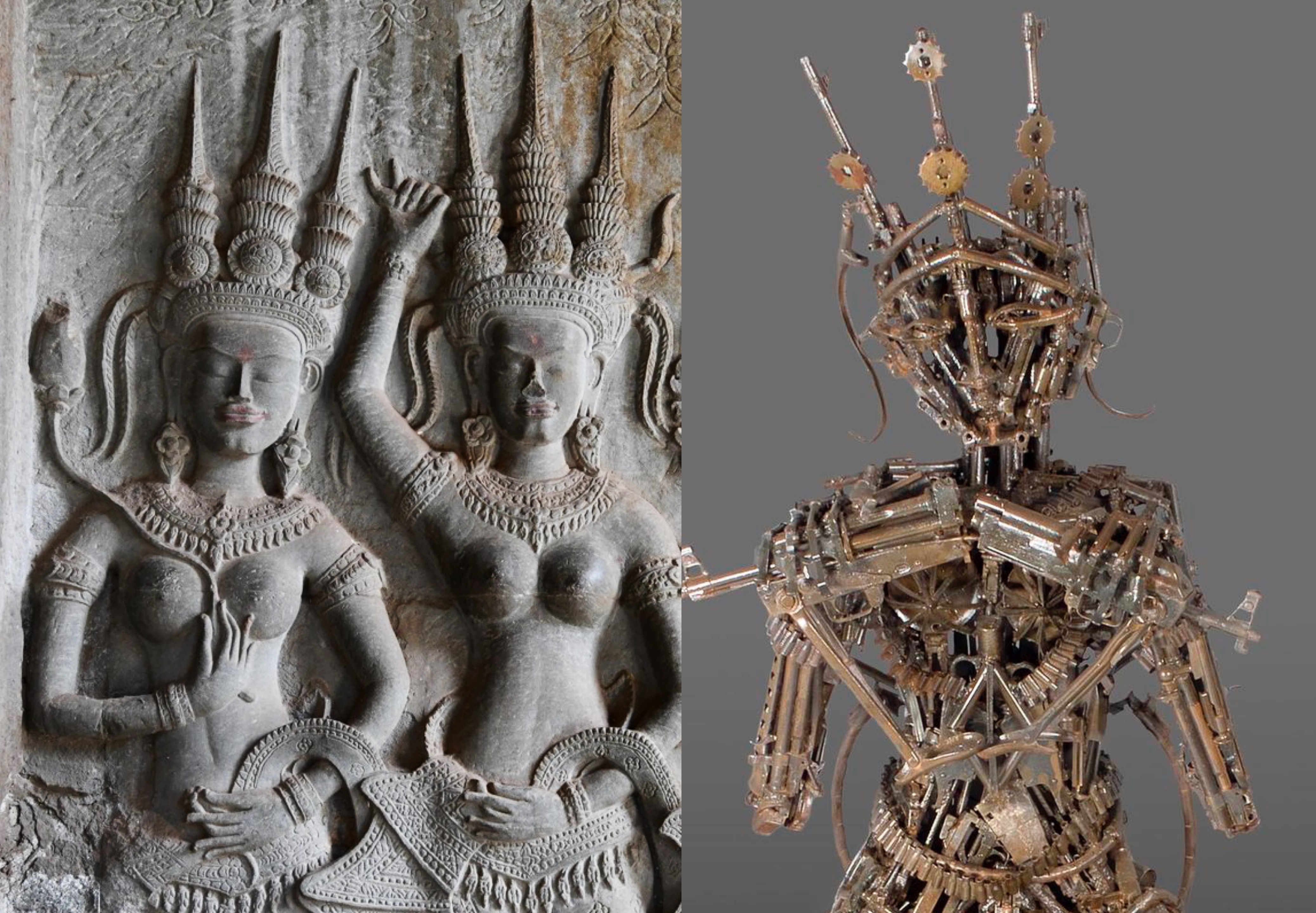 The image is split in two. On the left side, it is a carving of two feminine-looking figurse wearing headdresses, on gray stone. On the right side, it is a brown sculpture of a person made out of guns.