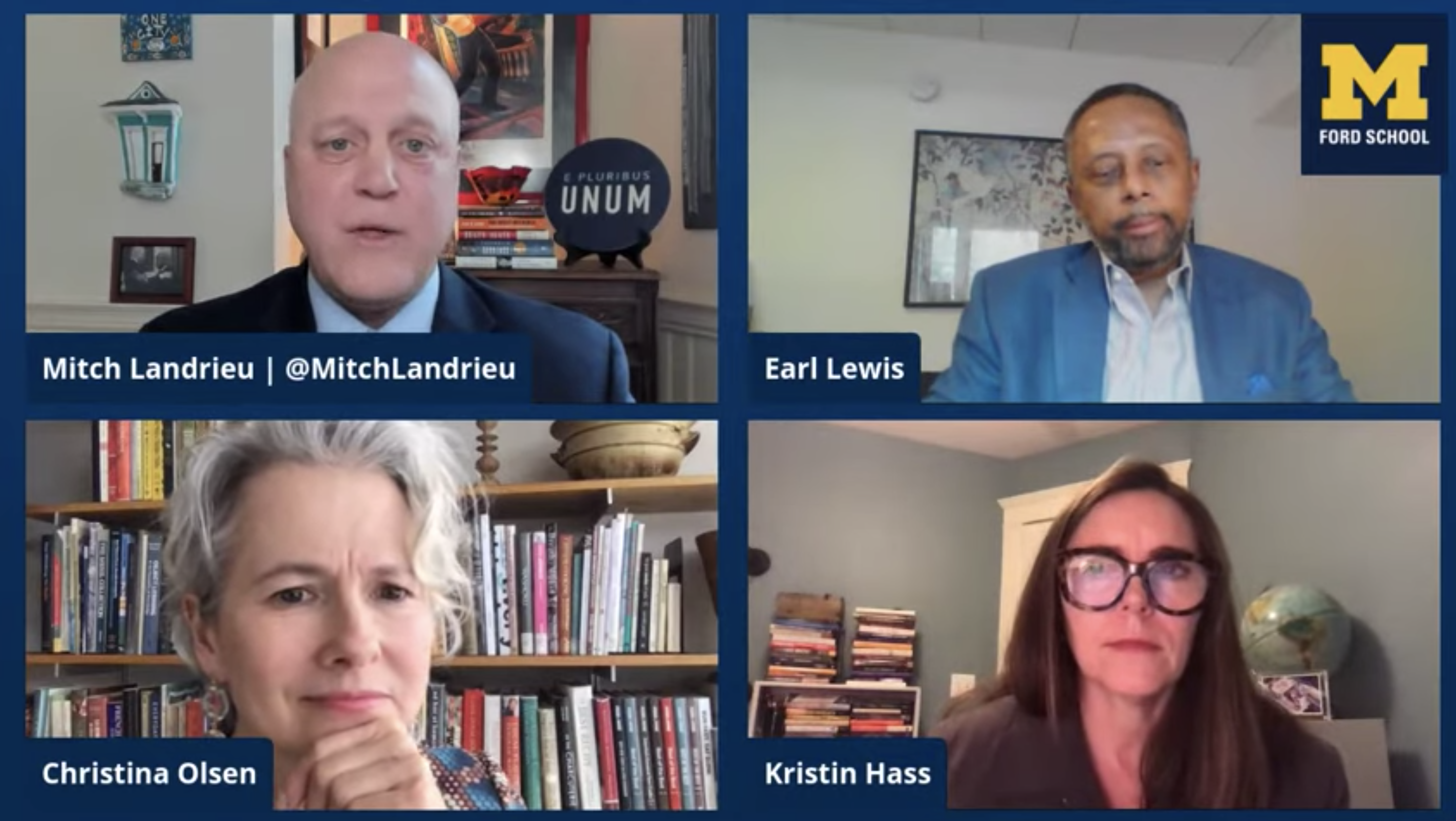 Mitch Landrieu, Earl Lewis, Christina Olsen, and Kristen Hass speak to one another on a Zoom screen.