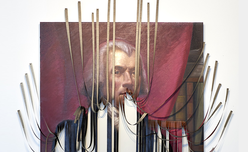 Portrait of a white man with a powered hairstyle close to his ears and gathered back at the nape of his neck. He wears a dark coat and and is placed in front of a pick background. At the level of the man's face, the canvas is shredded into long, loosely hanging strips.