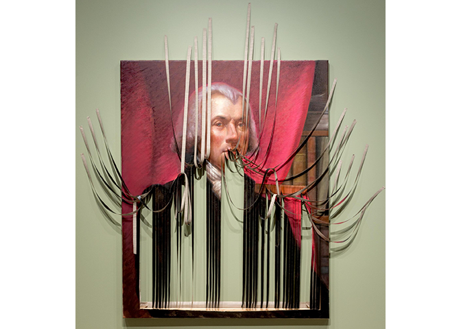 Portrait of a white man with a powered hairstyle close to his ears and gathered back at the nape of his neck. He wears a dark coat and and is placed in front of a pick background. At the level of the man's face, the canvas is shredded into long, loosely hanging strips.