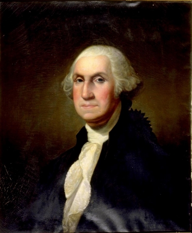 Washington portrait wearing dark colors and a whitesh ruffled shirt. Looking right.