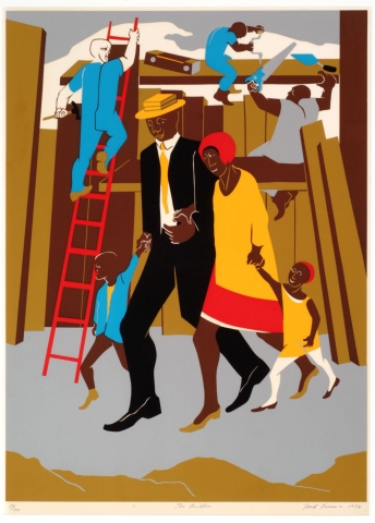 The color screenprint depicts four dark skinned figures walking past a construction site—likely a family. The man is dressed in a black suit, black shoes, yellow tie, and tan hat. The woman wears a red and white dress, yellow jacket, and red cap. The little girl stands to the left of mother, holding her hand. She wears a yellow dress, white tights, brown shoes, and a red cap. A small boy wears brown pants, tan shoes, a yellow shirt, and blue jacket. He stands to the right of the father and holds his hand.  