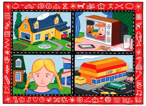 This colorful print is broken up in to four panels, which are divided by a black border with white dashes and then surrounded by a red border, which includes designs in white. In the upper left panel is the image of a blue and yellow house. The upper right shows a television set sitting on a table alongside a glass of milk, a key ring, notepad, plate, and cell phone. In the lower left panel, the bust of a girl with blonde hair in pig-tail braids is standing in front of two houses, one traditional and one mo