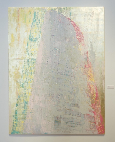 Swaths of gold, grey, green and pink on a canvas. Their shape resembles a skyscraper 