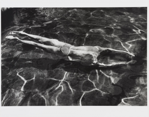 A black and white photograph of a man swimming underwater. The light waves on top of the water are visible