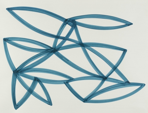Turquoise lines form geometric shapes (triangles, ovals, and others) against an off-white background