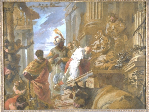 This unfinished painted study depicts a crowd of figures gathered around three richly dressed men and a woman and child, who appear on a flight of stairs near the entrance to a large building decorated with classical columns and pilasters. An elderly bald man wearing a red cloak trimmed with ermine kneels with his head bowed at the top of the stairs before a kneeling woman who holds an infant in her right arm. Another man wearing a turban decorated with a large feather stands behind the kneeling man and hol