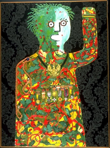 This collage depicts the torso and head of a figure consuming the majority of the composition. The left, handless, arm is raised up at a 90 degree angle in salute. The skin and hair is green, eyes are large white circles with small pupils, and the mouth is a white oval. The black and grey background has a pattern of elaborate floral wallpaper and the figures clothing, resembling a military uniform, is made of colorful splotches with a row of medals across the chest. 