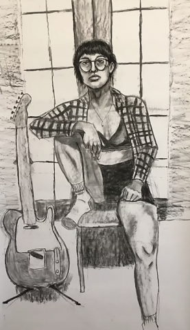 A pencil drawing of a woman wearing a plaid shirt, seated next to an electric guitar