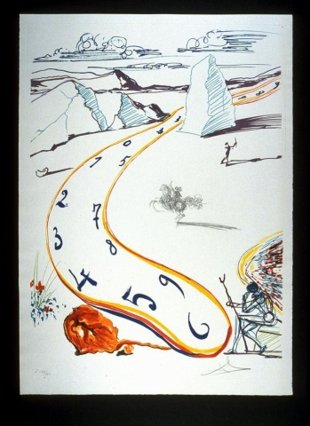 Winding through the center of this print, a melting clock oozes from the top right to the bottom center in red, yellow and blue. To the left of the base of the clock is a bright orange and red bolder.