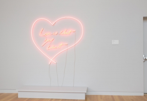 This sculpture is a pink neon light in the shape of a heart with the words "Love is What You Want" inscribed within the heart.