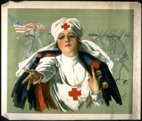 A print of a war-time nurse with a soldier's uniform draped over her shoulders. The Nurse's arm is outstretched as if she is offering her assistance.