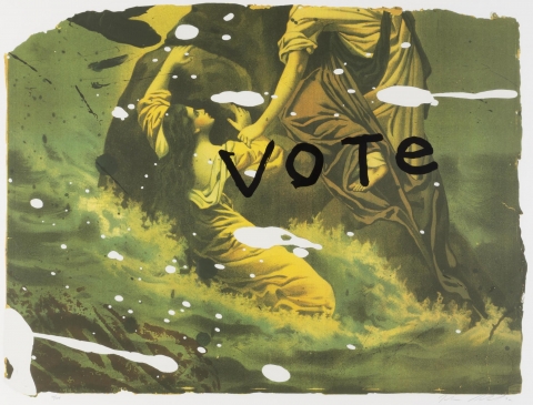 Image of two women, one standing and one sitting. The upper half of the standing woman is not visible. The word 'vote' in black lettering is superimposed over the two women. 